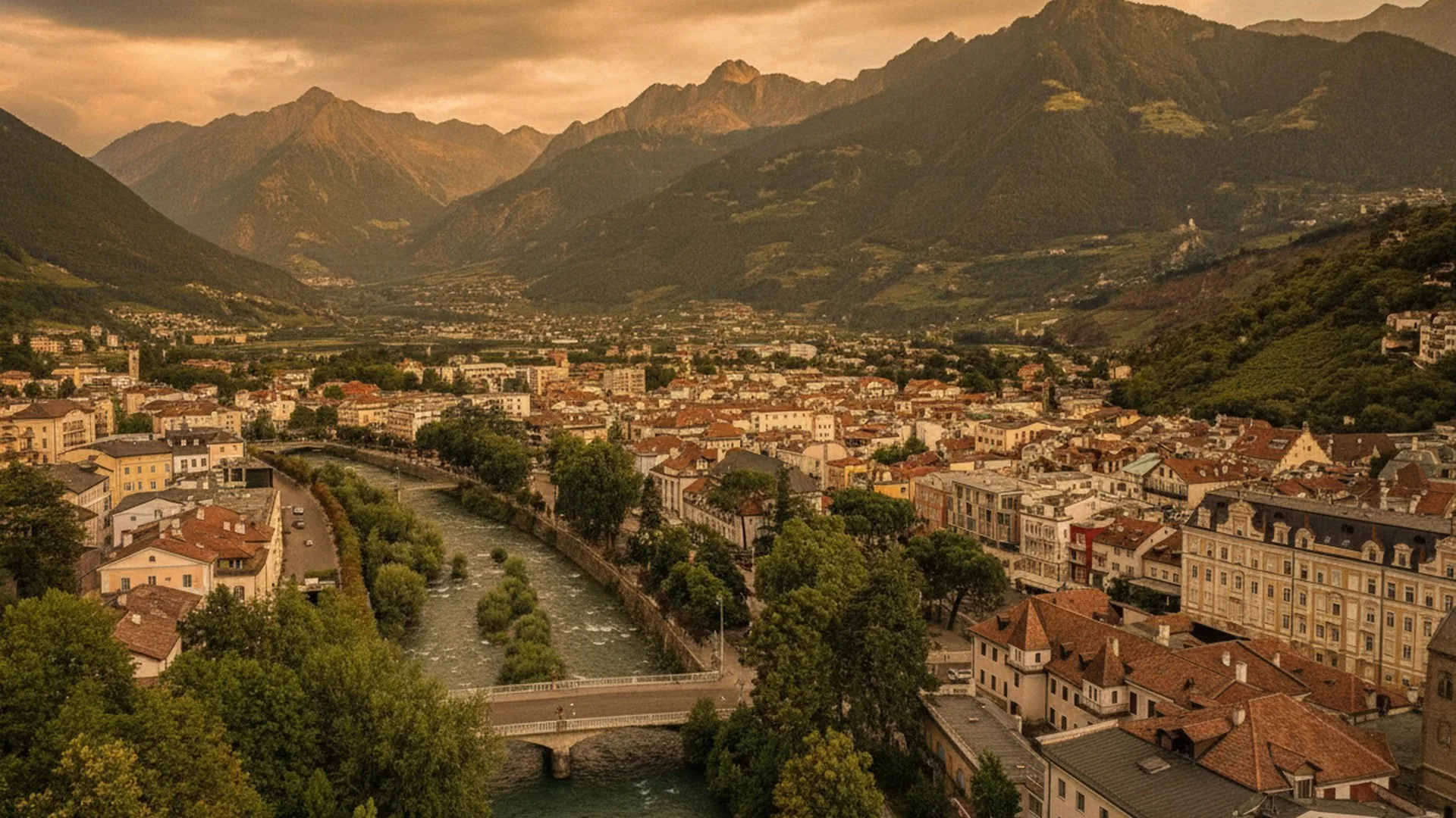 Panorama di Merano con le montagne dell'Alto Adige sullo sfondo